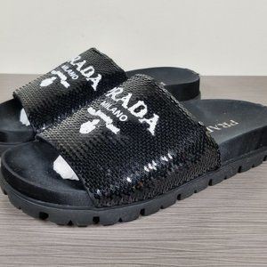 PRADA Logo Sequin Slide Sandal, Black, Womens Size 7.5US / 37.5EU